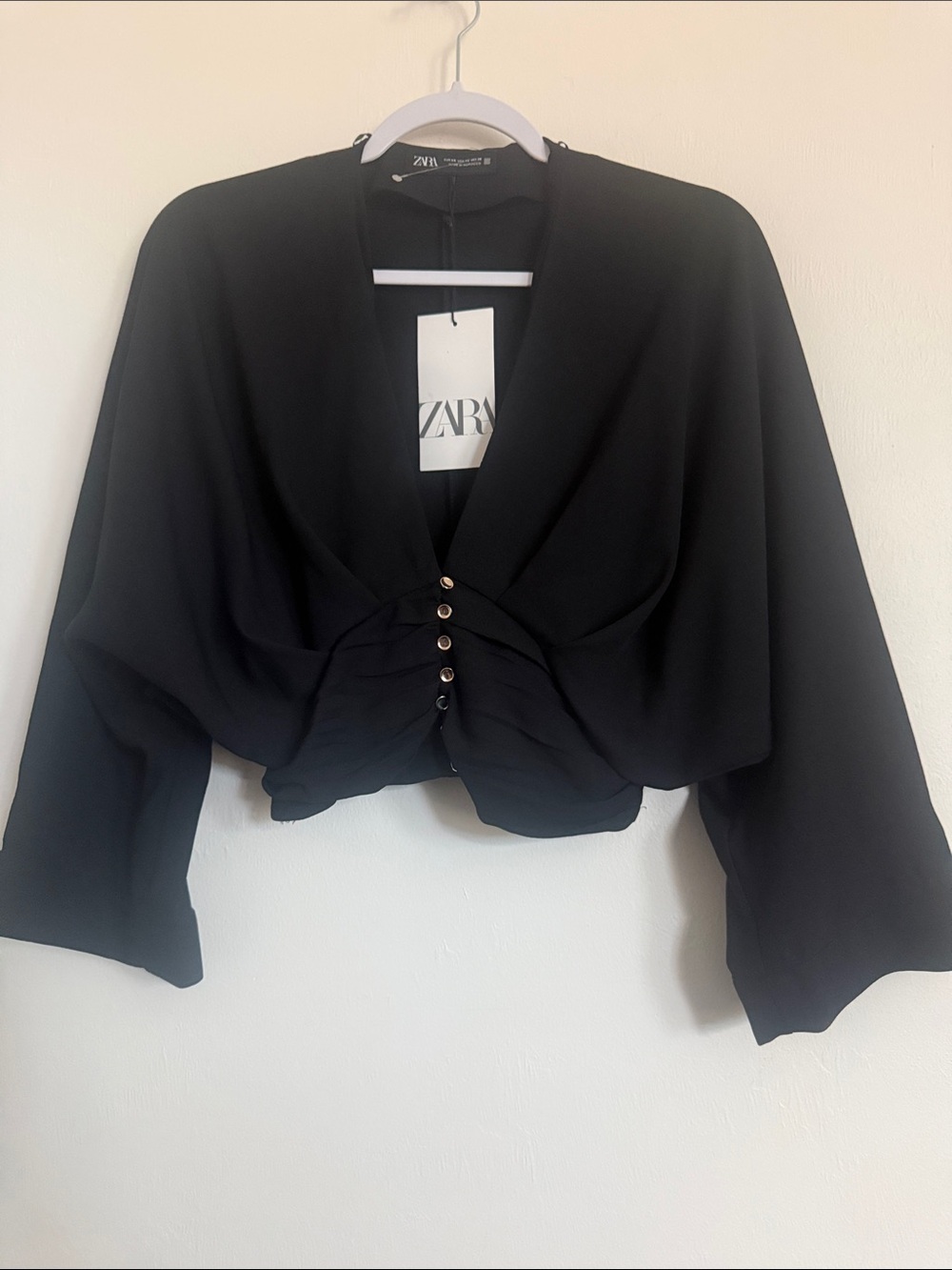 Zara Black Ruched Button-Front Cropped Blouse - Picture 3 of 8